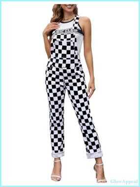 Checkered Women's Overalls Denim Bib Coveralls Stretch Cotton Jumpsuit